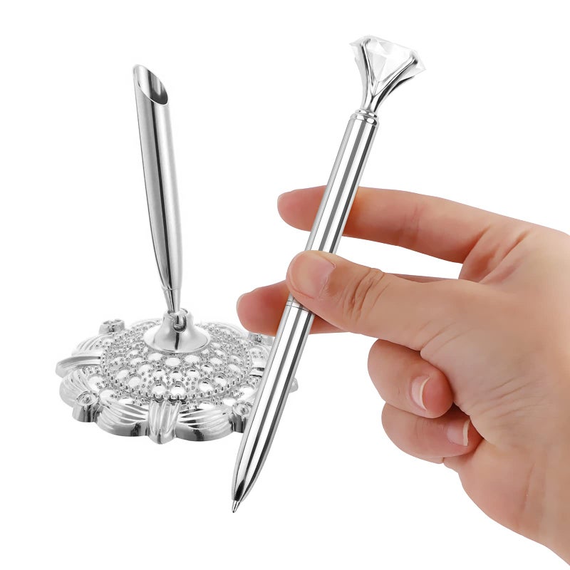 RUTICH Hollow Round Pen Holder Signing Pen Set with Big Diamond Crystal Pen for Wedding Bridal Opening Ceremony Graduation Office, Silver(Black Ink) - Image 3